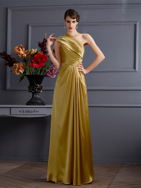 Gold Satin Ruched One Shoulder A-Line Floor-Length Bridesmaid Dress
