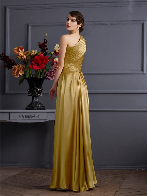 Gold Satin Ruched One Shoulder A-Line Floor-Length Bridesmaid Dress