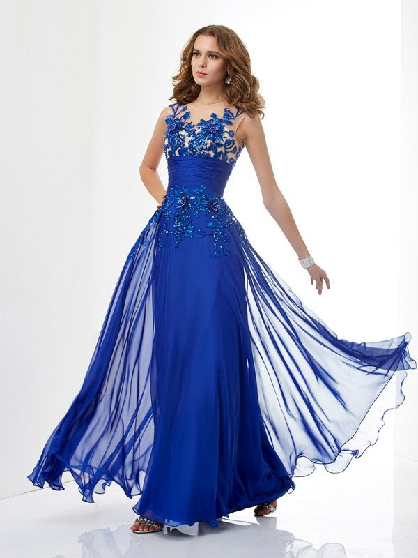 Royal Blue Chiffon A-Line Floor-Length Evening Dress with Illusion Neck & Lace Appliques