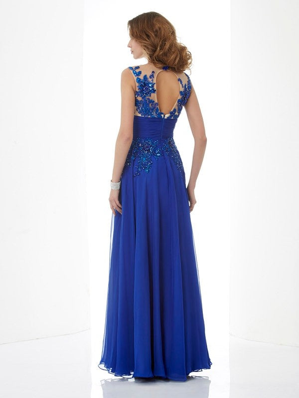 Royal Blue Chiffon A-Line Floor-Length Evening Dress with Illusion Neck & Lace Appliques