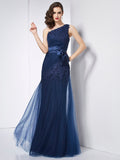 Dark Navy Chiffon A-Line One Shoulder Floor-Length Bridesmaid Dress