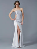 Silver Satin Floor-Length Evening Dress with Side Cutout & High Slit