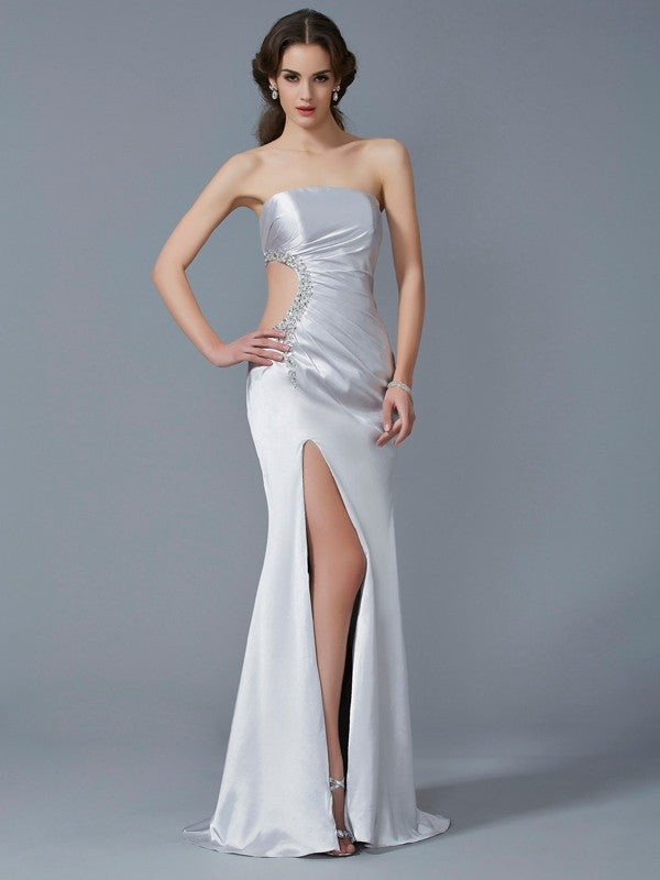 Silver Satin Floor-Length Evening Dress with Side Cutout & High Slit