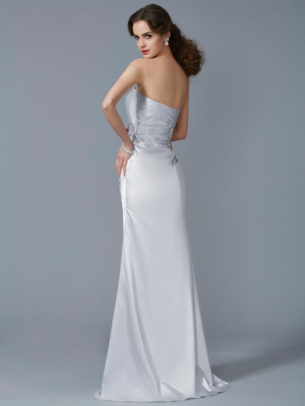 Silver Satin Floor-Length Evening Dress with Side Cutout & High Slit