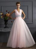 Blushing Pink Chiffon A-Line Floor-Length Bridesmaid Dress | V-Neck & Embellished Waistband