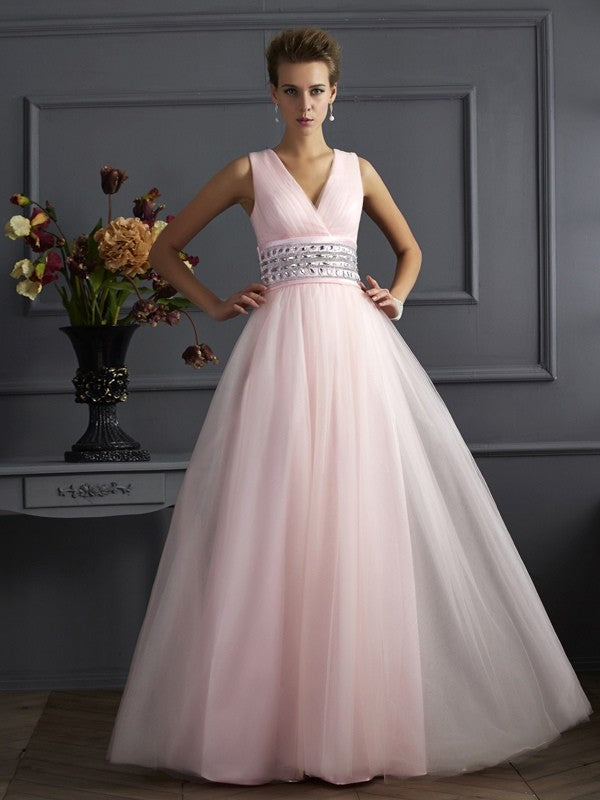 Blushing Pink Chiffon A-Line Floor-Length Bridesmaid Dress | V-Neck & Embellished Waistband