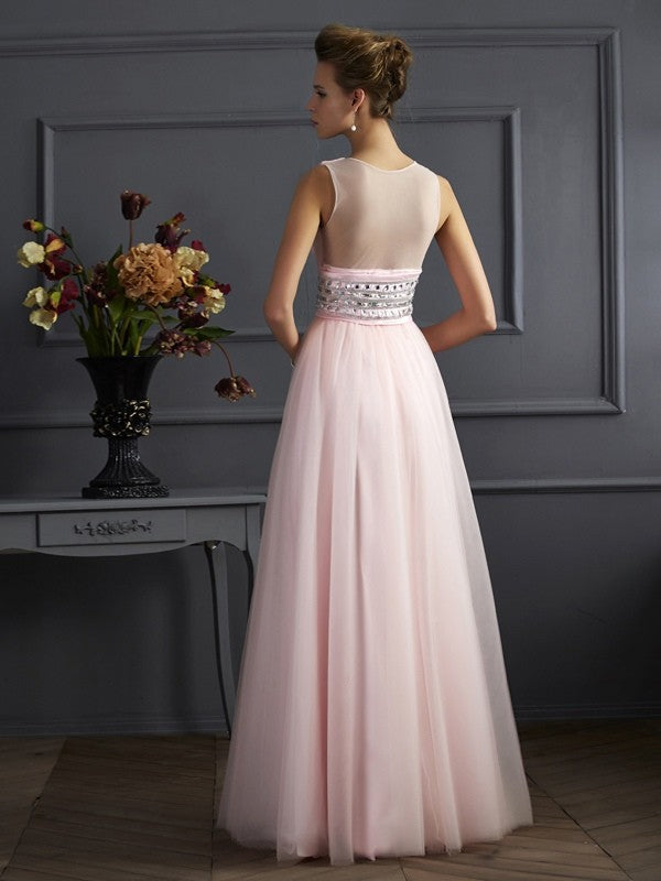 Blushing Pink Chiffon A-Line Floor-Length Bridesmaid Dress | V-Neck & Embellished Waistband