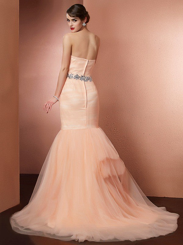 Trumpet/Mermaid Strapless Sleeveless Beading Long Net Dresses
