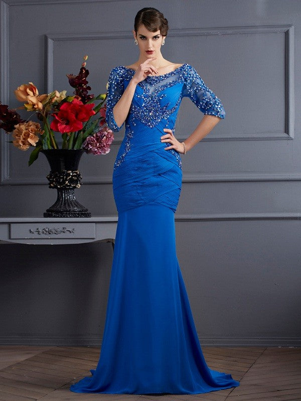 Royal Blue Chiffon Mermaid Floor-Length Evening Dress with Beaded Bodice