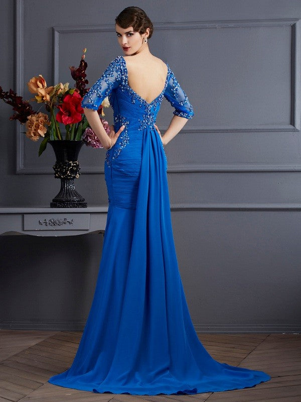 Royal Blue Chiffon Mermaid Floor-Length Evening Dress with Beaded Bodice