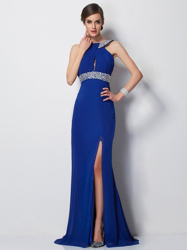 Royal Blue Chiffon Sheath Floor-Length Evening Dress with Halter Neckline