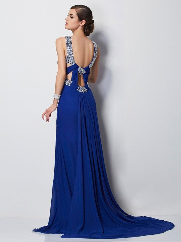Royal Blue Chiffon Sheath Floor-Length Evening Dress with Halter Neckline