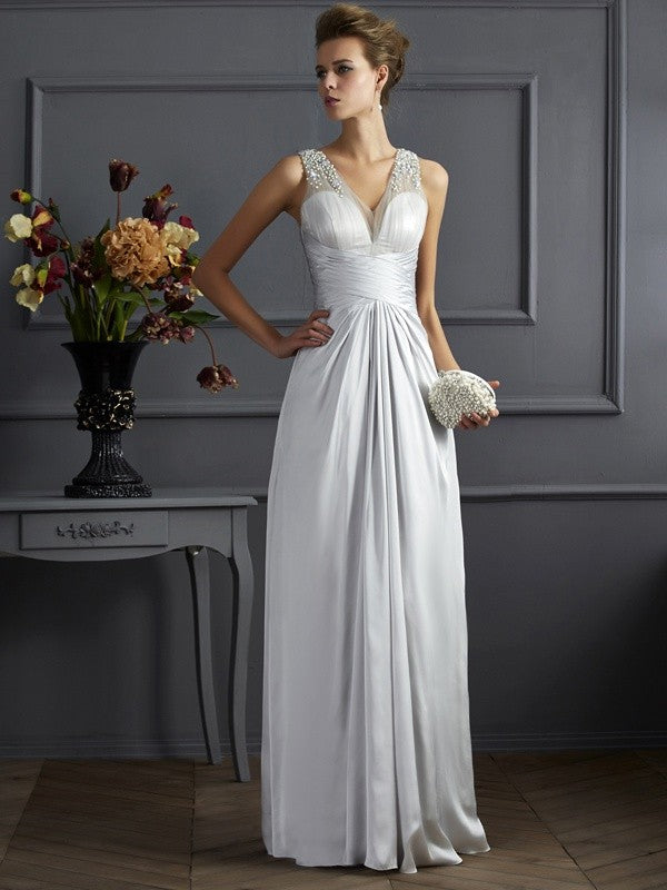 Silver Satin A-Line Floor-Length Bridesmaid Dress with Beaded V-Neck & Ruched Bodice