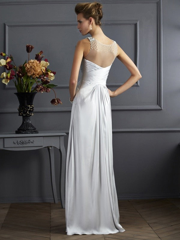 Silver Satin A-Line Floor-Length Bridesmaid Dress with Beaded V-Neck & Ruched Bodice