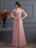 Dusty Rose Chiffon A-Line Floor-Length V-Neck Dress with Ruched Bodice and Lace Sleeves