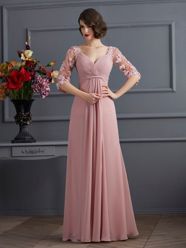 Dusty Rose Chiffon A-Line Floor-Length V-Neck Dress with Ruched Bodice and Lace Sleeves