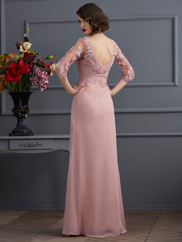 Dusty Rose Chiffon A-Line Floor-Length V-Neck Dress with Ruched Bodice and Lace Sleeves