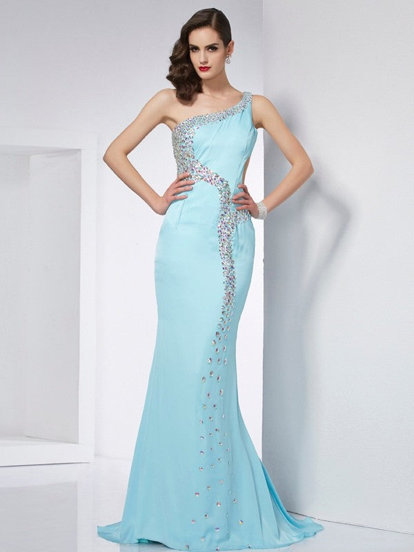 Vestidos largos de gasa con cuentas, sin mangas, de un solo hombro y corte trompeta/sirena