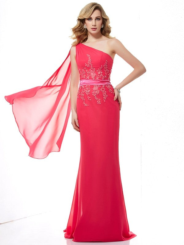 Elegant Pink Chiffon One Shoulder Floor-Length Sheath/column Dress with Embroidered Bodice