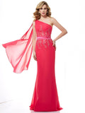 Elegant Pink Chiffon One Shoulder Floor-Length Sheath/column Dress with Embroidered Bodice