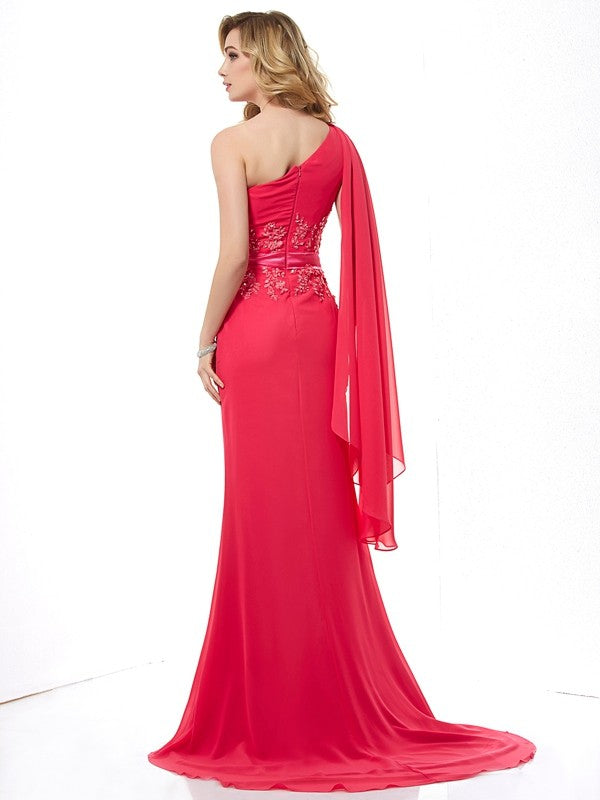 Elegant Pink Chiffon One Shoulder Floor-Length Sheath/column Dress with Embroidered Bodice