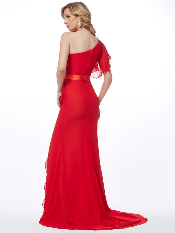 Red Chiffon One Shoulder A-Line High-Low Evening Dress with Front Slit