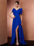 Royal Blue Chiffon V-Neck A-Line Floor-Length Gown with Draped Bodice & High Slit