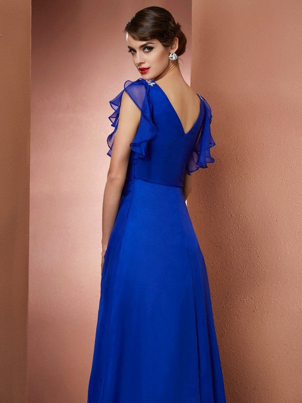 Royal Blue Chiffon V-Neck A-Line Floor-Length Gown with Draped Bodice & High Slit