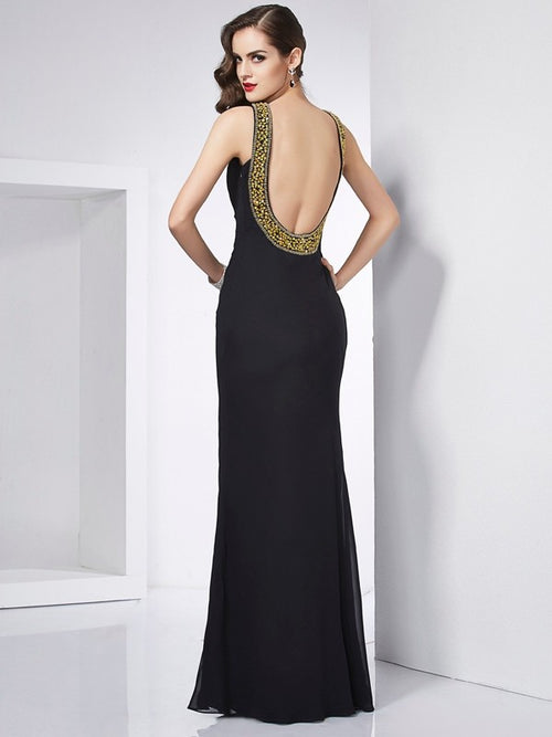 Vestidos largos de gasa con cuentas, sin mangas, con joya y corte trompeta/sirena