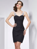 Black Beaded Ruched Sweetheart Sheath Short Evening Dress