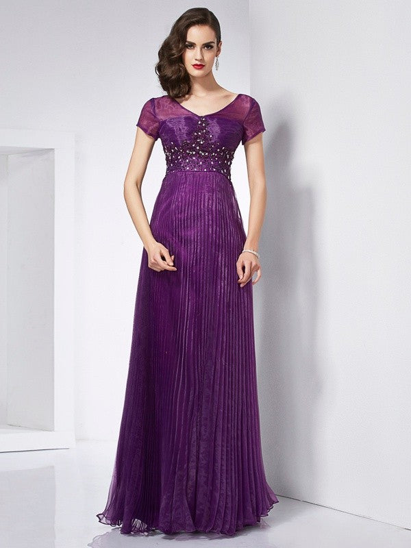 Vestidos largos de organza con escote en V, manga corta y abalorios, corte A/princesa