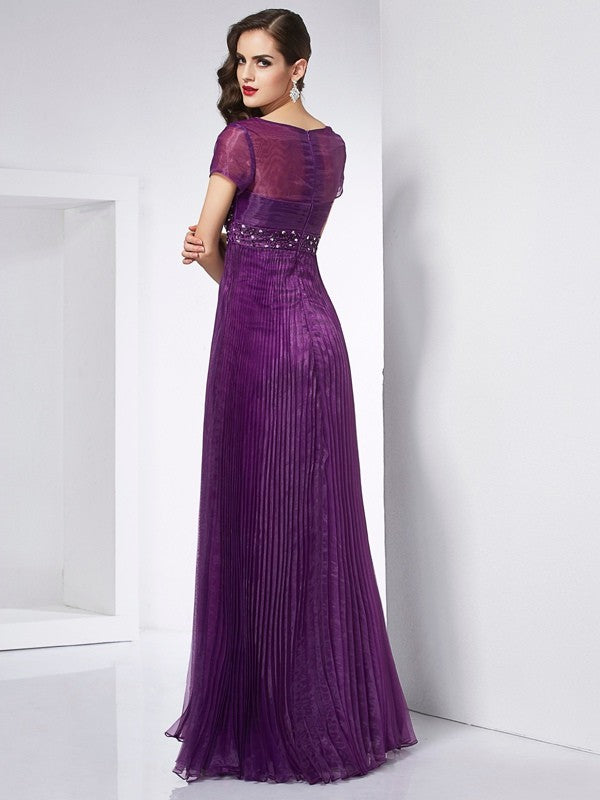 Vestidos largos de organza con escote en V, manga corta y abalorios, corte A/princesa