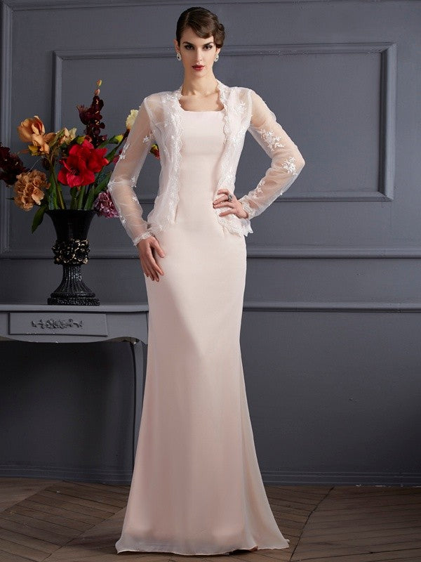 Blushing Pink Square Neck Sheath/column Floor-Length Evening Dress with Lace Bolero Jacket