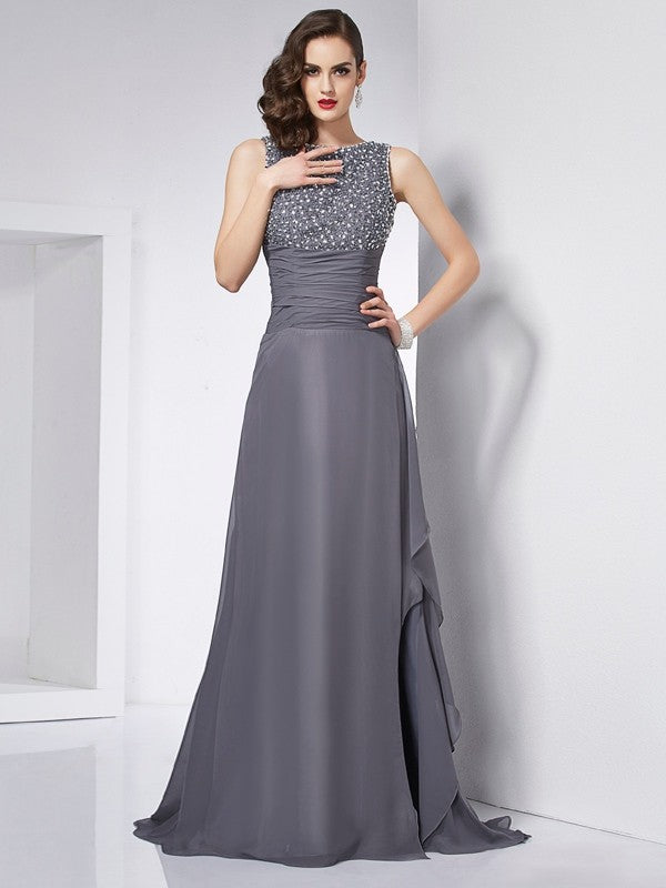 Grey Chiffon A-Line Floor-Length Dress with Boat Neck and Beaded Bodice
