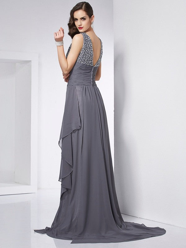 Grey Chiffon A-Line Floor-Length Dress with Boat Neck and Beaded Bodice