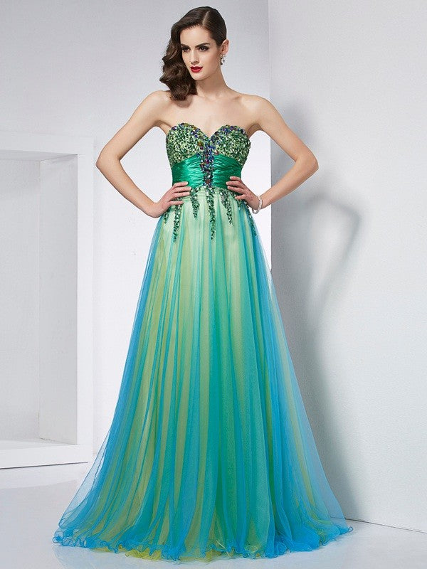 Green Sweetheart Tulle A-Line Floor-Length Evening Dress with Embellished Bodice and Multi-Layered Skirt