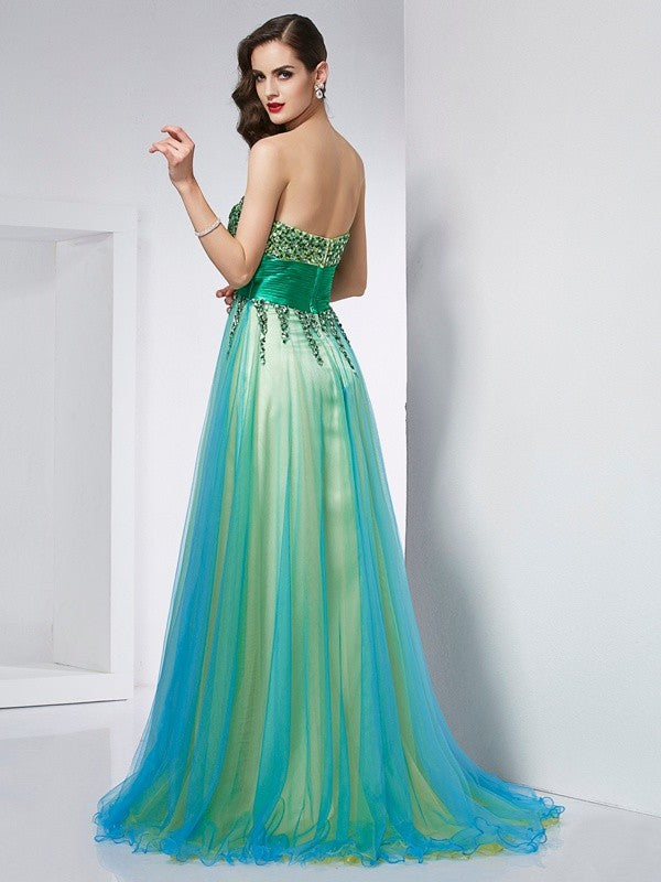 Green Sweetheart Tulle A-Line Floor-Length Evening Dress with Embellished Bodice and Multi-Layered Skirt