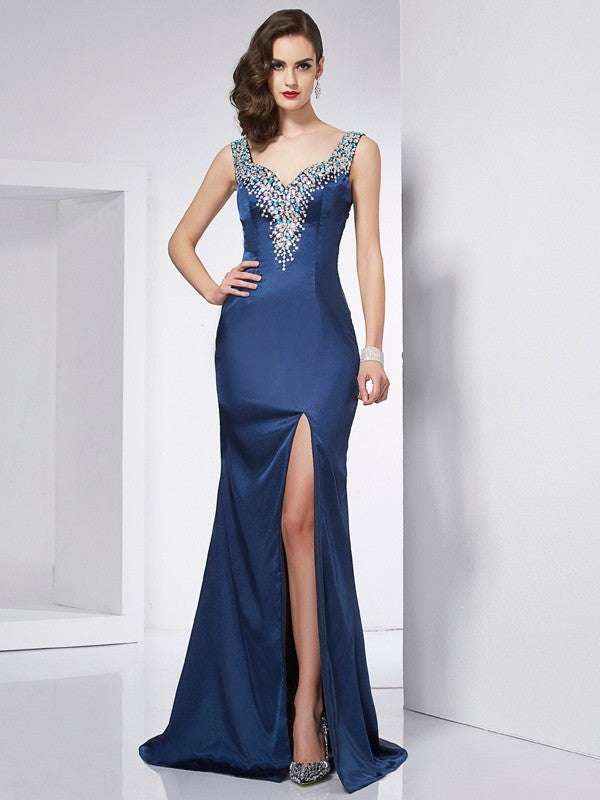 Trumpet/Mermaid Straps Sleeveless Beading Long  Woven Satin Dresses