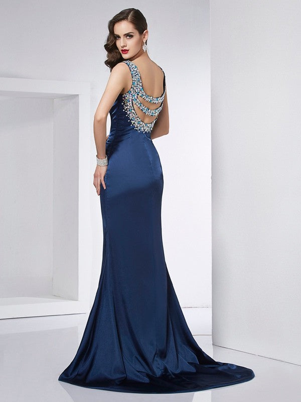 Trumpet/Mermaid Straps Sleeveless Beading Long  Woven Satin Dresses