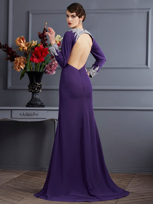 Trumpet/Mermaid V-neck Long Sleeves Beading Long Chiffon Dresses