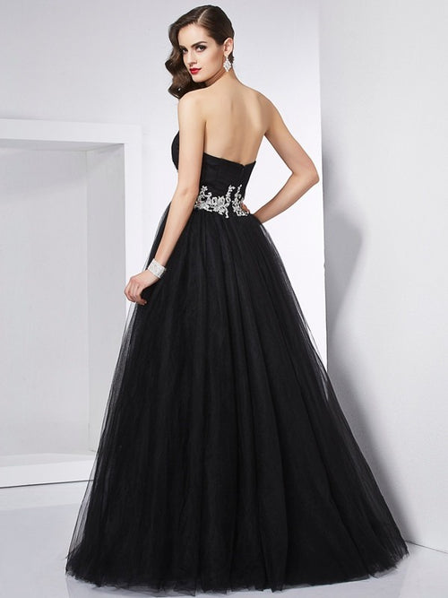Black Satin & Tulle Ball Gown Floor-Length Dress with Embroidered Bodice