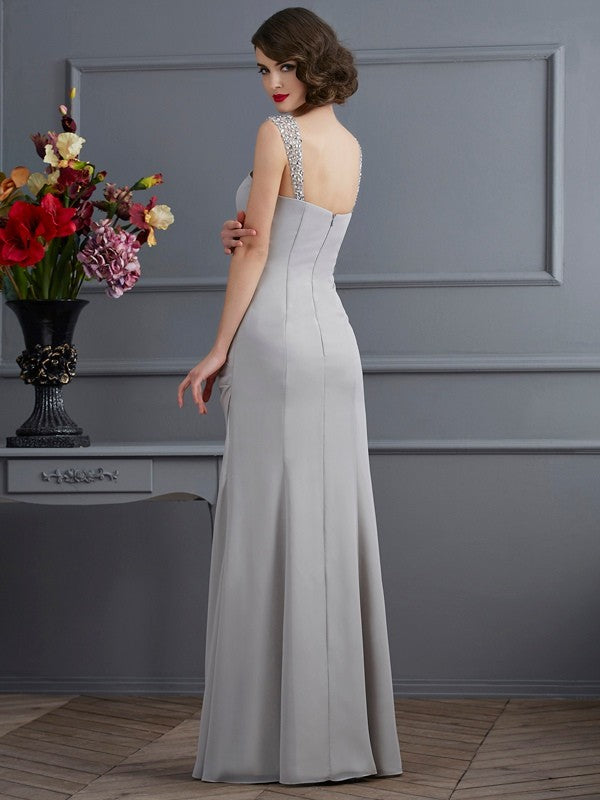 Grey Chiffon A-Line Floor-Length Bridesmaid Dress with Embellished Sweetheart Neckline
