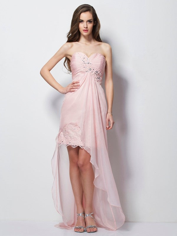Pink Chiffon A-Line Asymmetrical Sweetheart Evening Dress with Draped Bodice & High-Low Hem