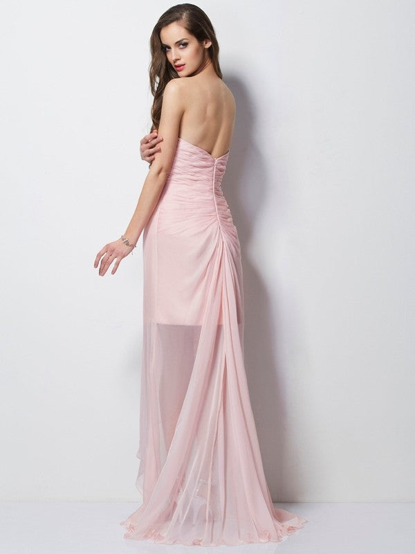 Pink Chiffon A-Line Asymmetrical Sweetheart Evening Dress with Draped Bodice & High-Low Hem