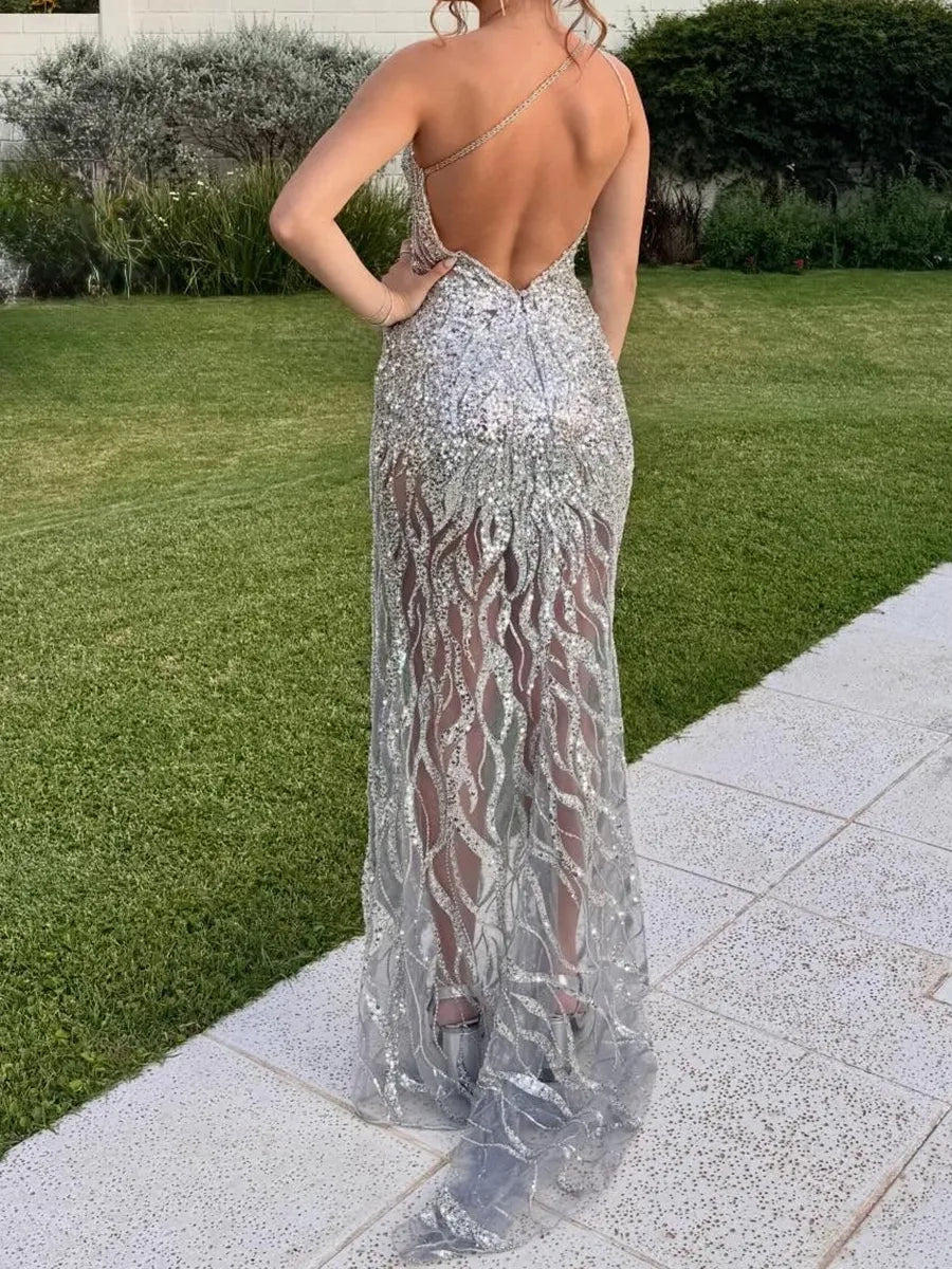 Sparkly Mermaid One Shoulder Sleeveless Low Back Slit Long Prom Dress