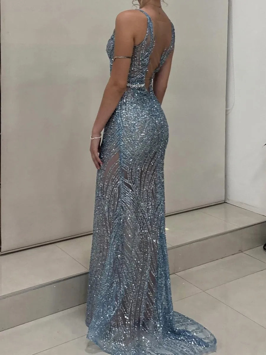 Glamorous Mermaid V-neck Sleeveless Open Back Blue Long Prom Dress
