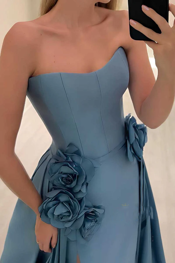 Vestido de noche de satén con escote en A y flores en relieve para fiesta y baile