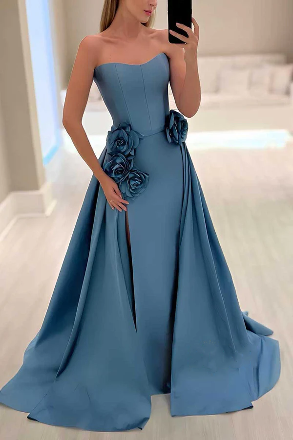 Vestido de noche de satén con escote en A y flores en relieve para fiesta y baile