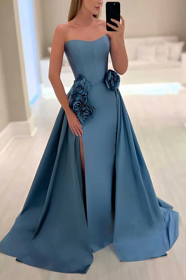 Vestido de noche de satén con escote en A y flores en relieve para fiesta y baile