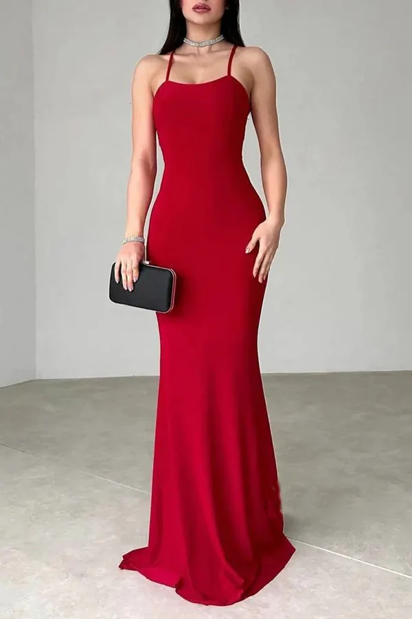 Vestido de fiesta ajustado con tirantes finos en forma de barco y lazo